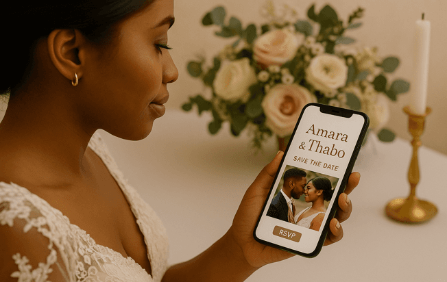 Couple previewing a wedding website on a phone