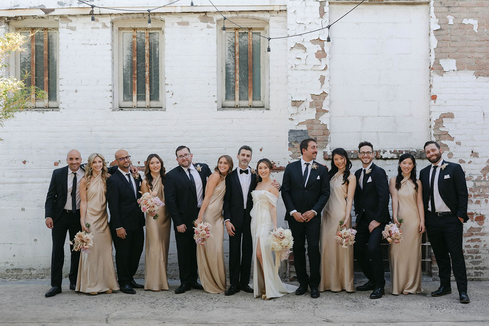 wedding party with champagne bridesmaid dresses