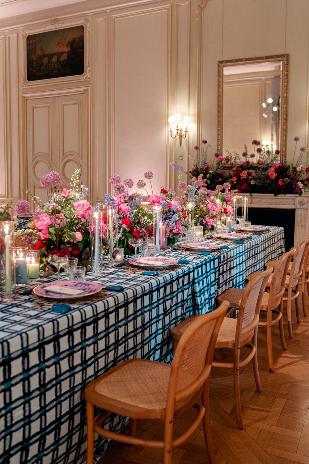 blue and pink maximalist wedding tablescape